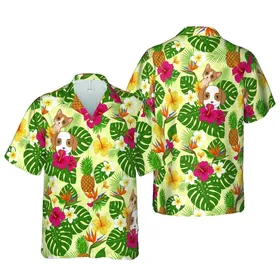 Pet & Family Tropical Paradise: Human Pet Faces Pineapple Hibiscus Monstera Custom Tropical Design Short-sleeve Hawaiian Shirt