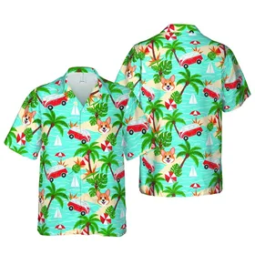 Corgi Lover's Hawaiian Surf Van Ocean Beach Palm Textile Print Short-sleeve Hawaiian Shirt