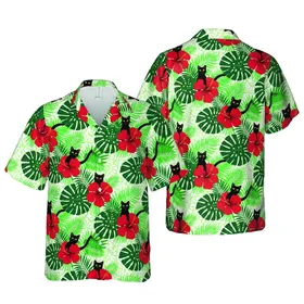 Cat Lover's Black Cats Red Hibiscus Emerald Palm Frond Hawaiian Seamless Textile Print Short-sleeve Hawaiian Shirt