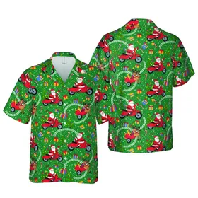Hawaiian Santa Motorcycle Pattern: Reindeer, Gifts, Snow Tracks, Emerald Green Design Short-sleeve Hawaiian Shirt