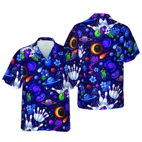 Bowling Pin Strike Hawaiian Galaxy Blue Purple Green Orange Starfield Textile Print Short-sleeve Hawaiian Shirt