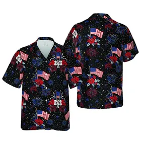 Waving American Flags, Fireworks, Night Sky Stars, Tropical Botanical Textile Print Short-sleeve Hawaiian Shirt