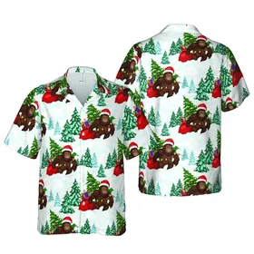 Bigfoot Sasquatch Santa Hat Presents Lights Snow Pine Hawaiian Seamless Short-sleeve Hawaiian Shirt