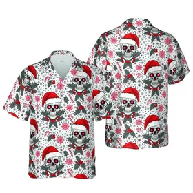 Skull Santa Hat & Glowing Red Eye Pattern, Snowflakes, Candy Canes, Holly, Grey Stars Short-sleeve Hawaiian Shirt