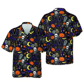 Haunted Aloha: Orange Black Houses, Skulls, Jack-o'-Lanterns, Bats, Moons Print Short-sleeve Hawaiian Shirt