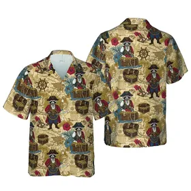 Raccoon Pirates, Galleons, Treasure Chests, Antique Parchment Map Hawaiian Textile Print Short-sleeve Hawaiian Shirt