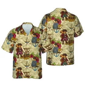 Pirate Squirrel Crew: Gold Coin, Galleon, Compass Map Design - Seamless Edge-to-Edge Print Short-sleeve Hawaiian Shirt