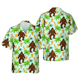 Bigfoot Fan Repeating Brown Bigfoot Beer Mug Green Palm Surf Blue Wave Pattern Short-sleeve Hawaiian Shirt