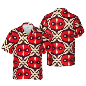 Hawaiian Tropical Red Forms Motif: Maroon Oval Segments & Beige Dot Mosaic Print Short-sleeve Hawaiian Shirt