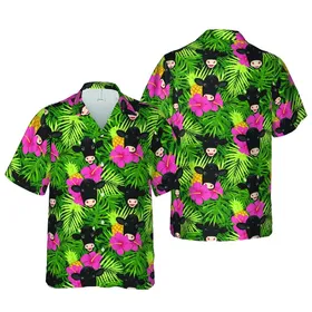 Angus Lover Black Angus Heads High Contrast Pink Hibiscus Golden Pineapple Monstera Palm Fabric Short-sleeve Hawaiian Shirt