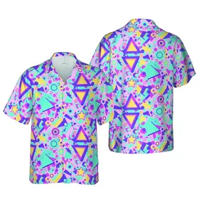 80s 90s Memphis Hawaiian: Geometric Shape Pattern, Tropical Botanical Mosaic Short-sleeve Hawaiian Shirt