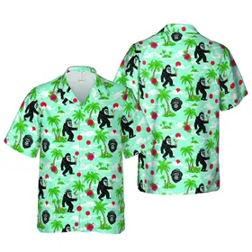 Seamless Bigfoot Sasquatch Tropical Cocktails Fedora Palm Hibiscus Ocean Short-sleeve Hawaiian Shirt