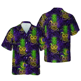 Mardi Gras Pineapple Mask Jester Hat Purple Green Gold Palm Frond Pattern Short-sleeve Hawaiian Shirt