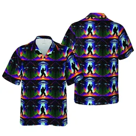 Sasquatch Black Silhouette Peace Sign UFO Celestial Nebula Hawaiian Forest Mountain Short-sleeve Hawaiian Shirt