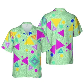 Seamless Geometric Arrangement Hot Pink Yellow Teal Triangles Blue Octagons Black Dash Dot Field Short-sleeve Hawaiian Shirt