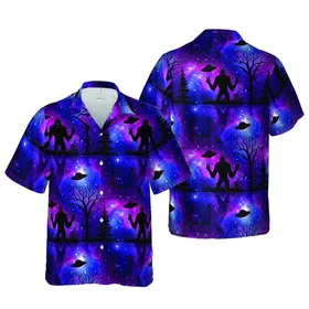 Galactic Nebula Alien Bigfoot Hawaiian Pattern: Peace Signs, UFOs, Tree Reflections Short-sleeve Hawaiian Shirt