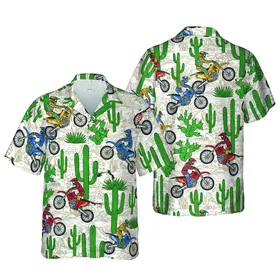 Motocross Riders Hawaiian Pattern: Dirt Bike Action, Saguaro Cactus, Desert Landscape Short-sleeve Hawaiian Shirt