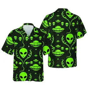 Alien Hawaiian Neon Green Flying Saucer Cosmic Dust Seamless Textile Pattern Short-sleeve Hawaiian Shirt