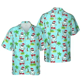 Santas Wearing Hawaiian Shirts Dancing Tropical Palm Trees Sand Blue Background Pattern Short-sleeve Hawaiian Shirt