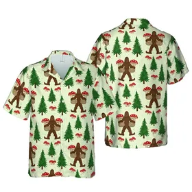 Bigfoot Walking Red Cap Mushroom Basket Hawaiian Evergreen Tropical Design Short-sleeve Hawaiian Shirt