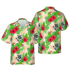 Raccoon Waving Peeking Hawaiian Hibiscus Bird Of Paradise Foliage Peach Wash Pattern Short-sleeve Hawaiian Shirt