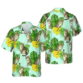 Tabby Cats Tropical: Realistic Felines, Yellow Bananas, Green Palm Fronds, Aqua Water Short-sleeve Hawaiian Shirt