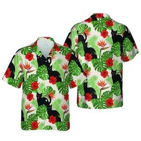 Black Cats Golden Eyes Tropical Floral Monstera Palm Hibiscus Bird Paradise Design Short-sleeve Hawaiian Shirt
