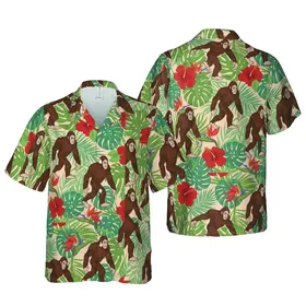 Bigfoot Sasquatch Hawaiian Red Hibiscus Bird of Paradise Teal Green Foliage Design Short-sleeve Hawaiian Shirt