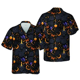 Hawaiian Skulls Cat Faces Ravens Potion Orange Butterflies Dark Crystal Pattern Short-sleeve Hawaiian Shirt
