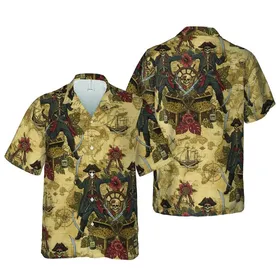 Pirate Skeleton Treasure Map Galleon Motif: Flintlock Pistols, Rhum, Gold Sublimation Print Short-sleeve Hawaiian Shirt