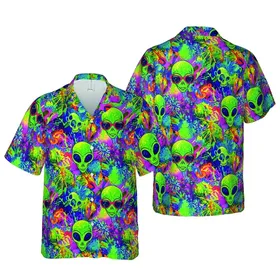 Green Alien Head Pattern: Stylized Skull & Red Sunglasses Grunge Textile Short-sleeve Hawaiian Shirt