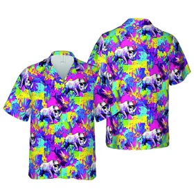 Rhino Pop Art Hawaiian Pattern: Sunglasses, Graffiti Splatter, Fuchsia Blue Yellow Short-sleeve Hawaiian Shirt