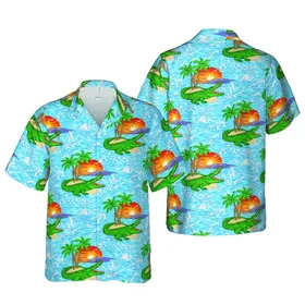 Emerald Alligator Open Jaws Palm Tree Island Sunset Water Wave Birds Mountains Design Short-sleeve Hawaiian Shirt