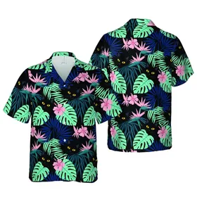 Black Cat Faces Hawaiian Tropical Monstera Palm Hibiscus Bird-of-Paradise Seamless Pattern Short-sleeve Hawaiian Shirt