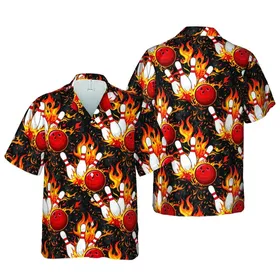 Bowling Action Strike: White Pins, Red Ball, Fiery Orange & Black Flames Design Short-sleeve Hawaiian Shirt