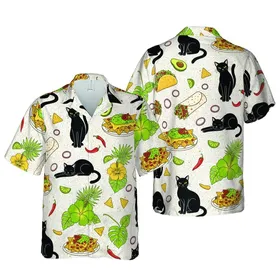 Black Cat & Mexican Food Hawaiian Design: Tacos Burritos Nachos Guacamole White Spice Backdrop Short-sleeve Hawaiian Shirt