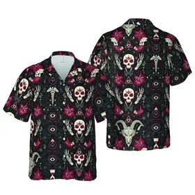 Occult Hawaiian Baphomet Skull Pentagram 666 Eye Symbols Red Black White Motif Short-sleeve Hawaiian Shirt