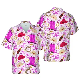 Hot Pink Cowboy Boots Hawaiian Pattern with Champagne, Lasso, Pink Hearts, Hats Short-sleeve Hawaiian Shirt
