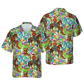 Hawaiian Cowboy Horse Lasso Rider Bull Skull Cactus Prickly Pear Butterfly Design Short-sleeve Hawaiian Shirt
