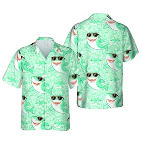 Shark Enthusiast Hawaiian Pattern: Teal Cartoon Sharks, Sunglasses, Wavy Shark Mosaic Short-sleeve Hawaiian Shirt