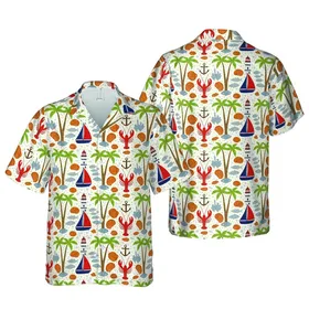 Intricate Botanical Palm Tree Red Lobster Lighthouse Blue Sailboat Anchor Design Short-sleeve Hawaiian Shirt