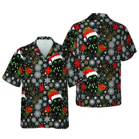 Tropical Hawaiian Pattern: Black Cat Santa Hat Christmas Lights Snowflakes Stars Short-sleeve Hawaiian Shirt