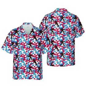 Bigfoot Sasquatch Poses Dark Brown Light Blue Gray Hawaiian Red Blue Camo Stars Short-sleeve Hawaiian Shirt