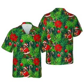 Bigfoot Santa Christmas Poinsettia Candy Cane Tropical Foliage Design Short-sleeve Hawaiian Shirt