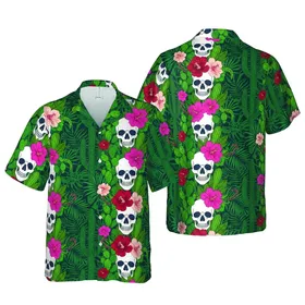 Hawaiian White Skull Pink Bloom Green Cactus Dark Foliage High Contrast Textile Art Short-sleeve Hawaiian Shirt