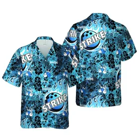 Bowler's STRIKE Bowling Ball Flames: Pins, Heartbeat Graphic, Black Electric Blue Gradient Short-sleeve Hawaiian Shirt