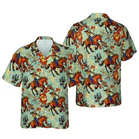 Cowboy Riders Arid Desert Hawaiian Horse Action Cactus Repeat Pattern Short-sleeve Hawaiian Shirt