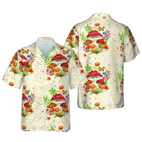 Seamless Red-Capped Mushroom Orange Butterfly Green Foliage Red Berry Creamy Beige Watercolor Print Short-sleeve Hawaiian Shirt