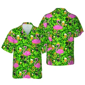 Pink Flamingos & Lucky Clover Pattern: Leprechaun Hats, Gold Coins, Beer Mugs Design Short-sleeve Hawaiian Shirt