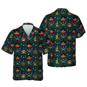 Buccaneer Skulls Ships Cutlasses Anchors Rum Bottles Hawaiian Fabric Design Short-sleeve Hawaiian Shirt